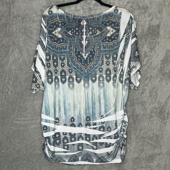 Bleeker & McDougal 1X Top Shirt Blue Paisley Short Sleeve Scoop Neck Ruched - Picture 6 of 7